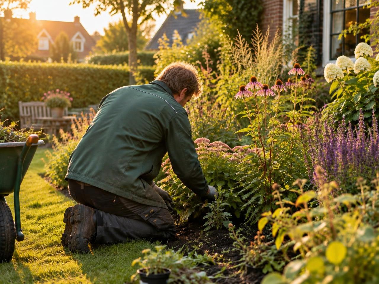 Hovenier aan het werk in een bloeiende border